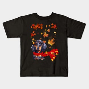 Maple Leaf Dachshund Fall Hello Autumn Gift Kids T-Shirt
